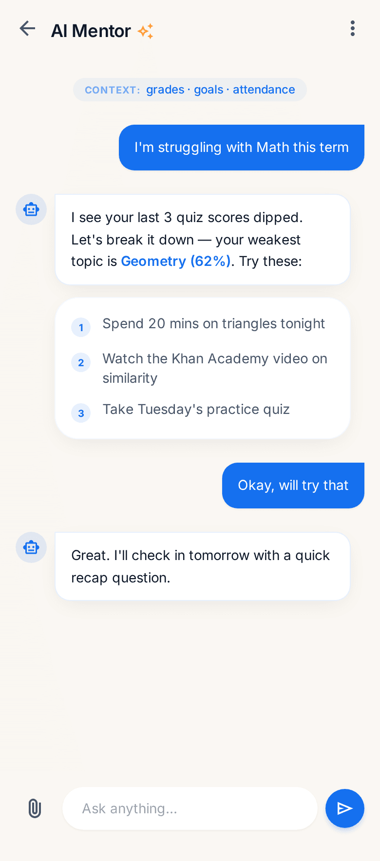 AI Mentor chat: student says they're struggling in Math, mentor responds with three actionable bullet recommendations