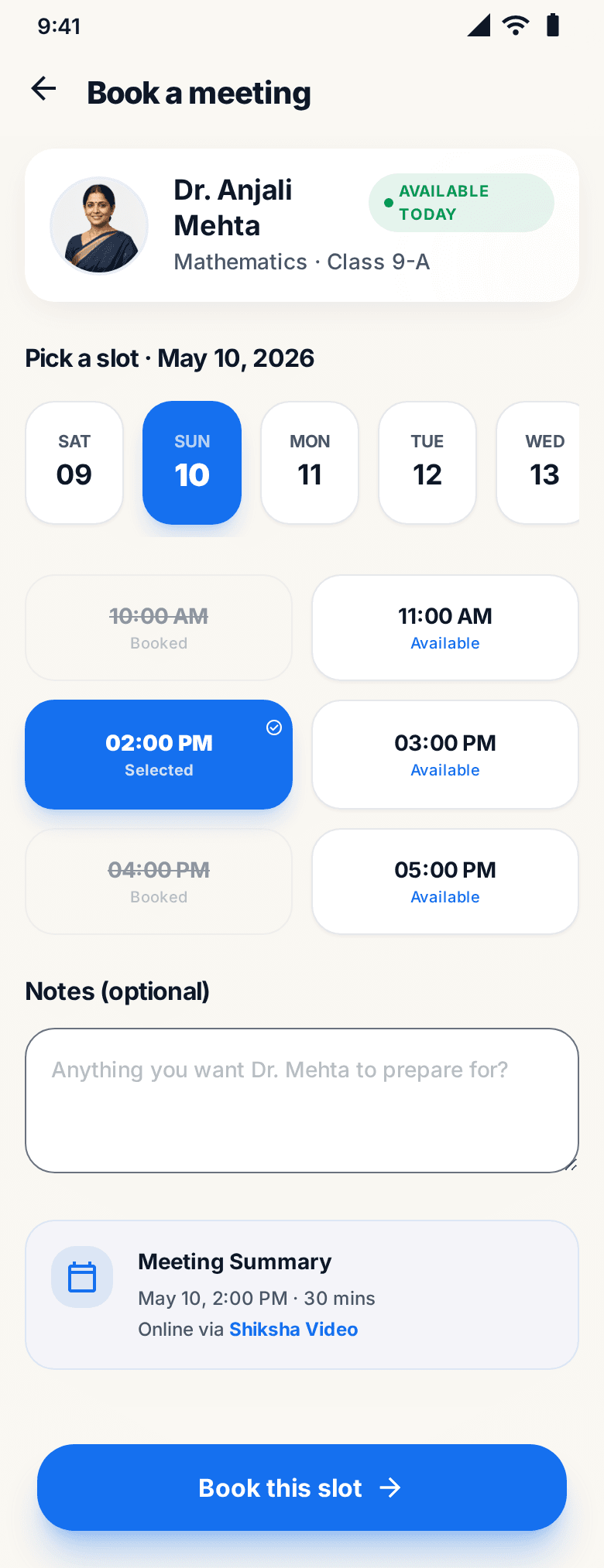 Parent-teacher meeting booking flow with date strip, time slots, and a confirmation summary