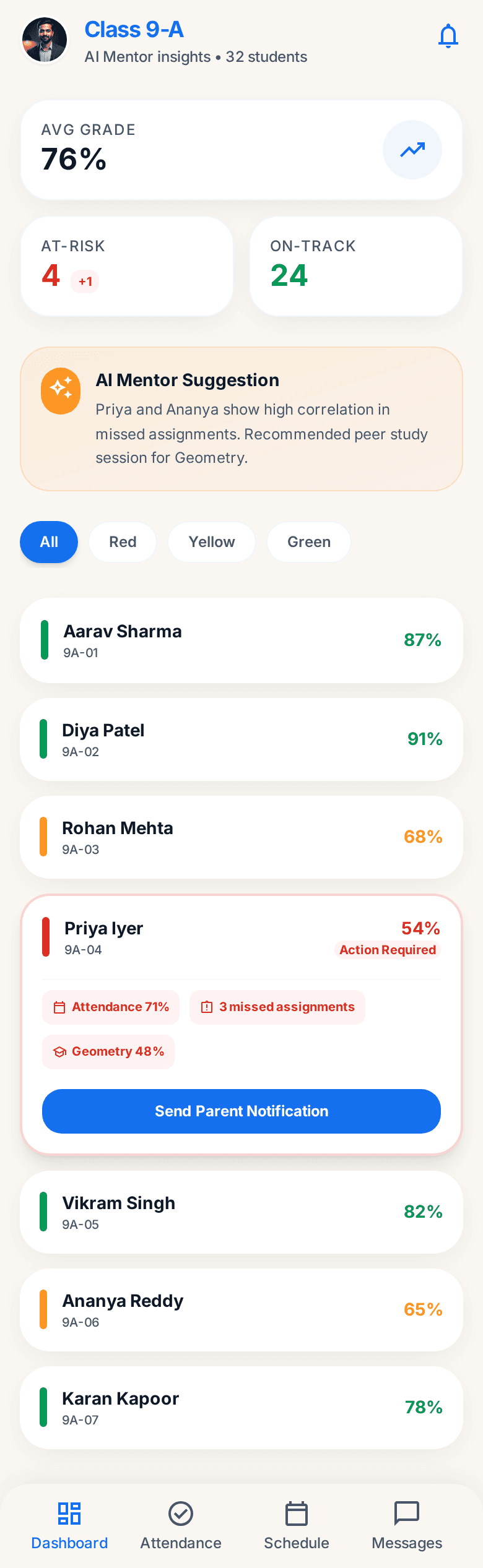 Teacher AI Mentor class overview with student list color-coded by red, yellow, and green risk indicators