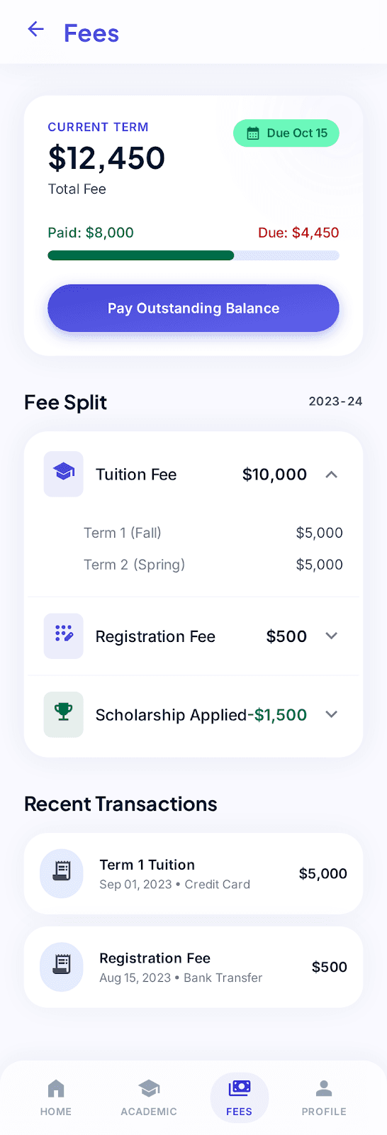 Fees screen showing a $12,450 current-term total with $8,000 paid and $4,450 due, a Pay Outstanding Balance CTA, fee split for tuition / registration / scholarship, and recent transactions