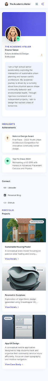 Public student portfolio for Eleanor Vance, an aspiring architect, with About, Highlights and Achievements, Connect links, and a Projects gallery with case-study previews