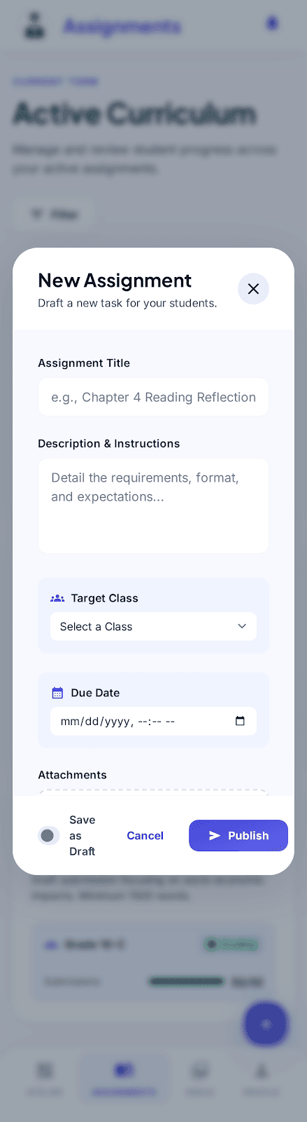 Teacher assignment authoring sheet — draft a new task with title, instructions, target class, due date, attachments, then publish or save as draft