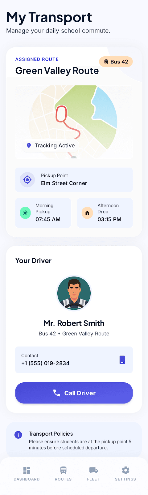 My Transport screen with the Green Valley assigned route on bus 42, live tracking, Elm Street pickup point, morning 07:45 and afternoon 03:15 timings, and a Call Driver action
